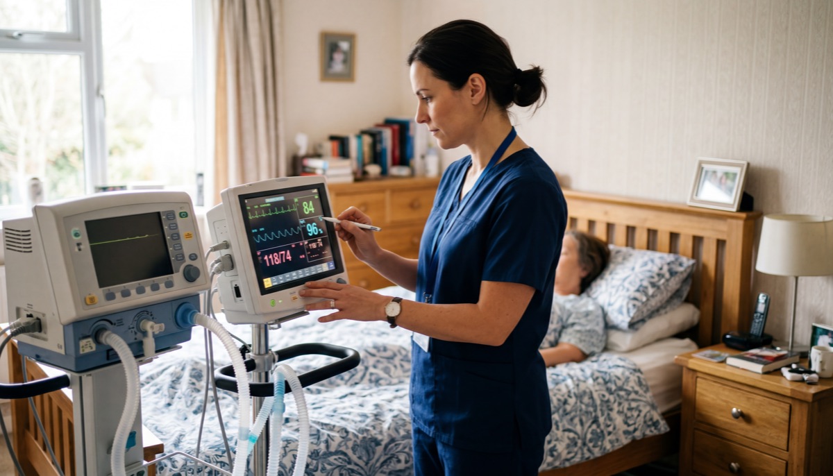 Examinierte Pflegefachkraft überwacht Vitalfunktionen eines beatmeten Patienten